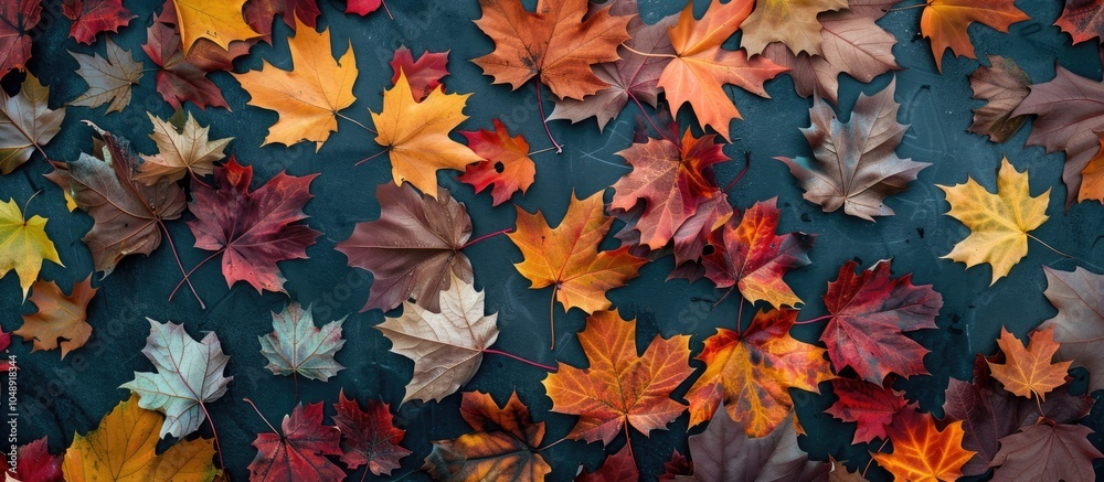 Poster colorful maple leaves from fall scattered on the ground autumn backdrop top view. with copy space im