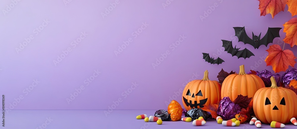 Aufkleber Pumpkins candy corn and paper bats on a table set against a lilac background with room for text Halloween banner. with copy space image. Place for adding text or design