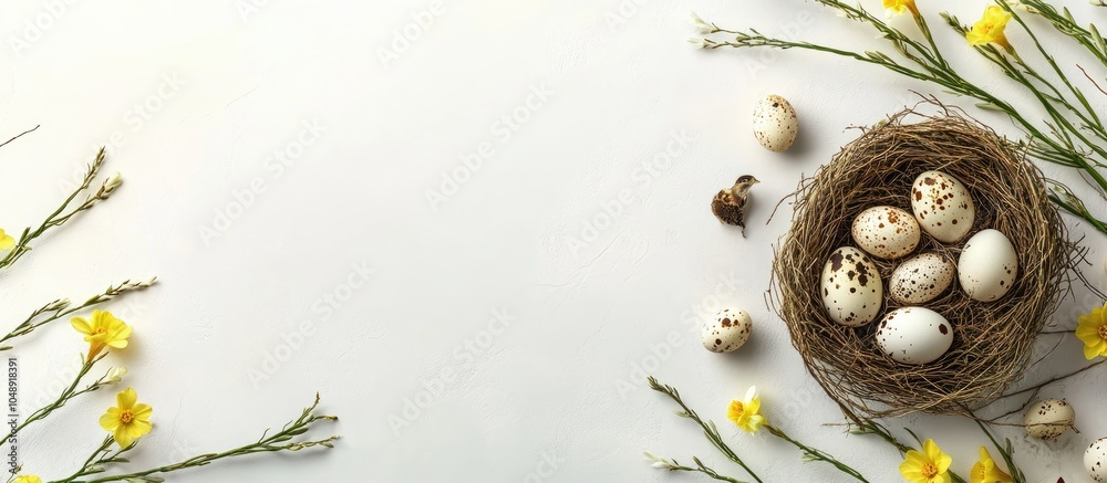 Aufkleber Easter background featuring a border of willow branches and narcissus along with quail eggs in a nest Copy space top view