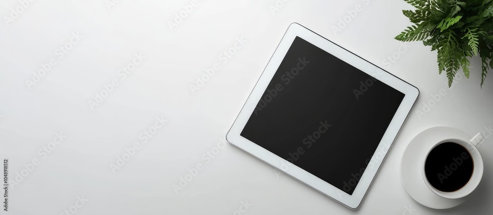 Poster white desk tablet pc resting on the table white background with copyspace suitable for advertisement