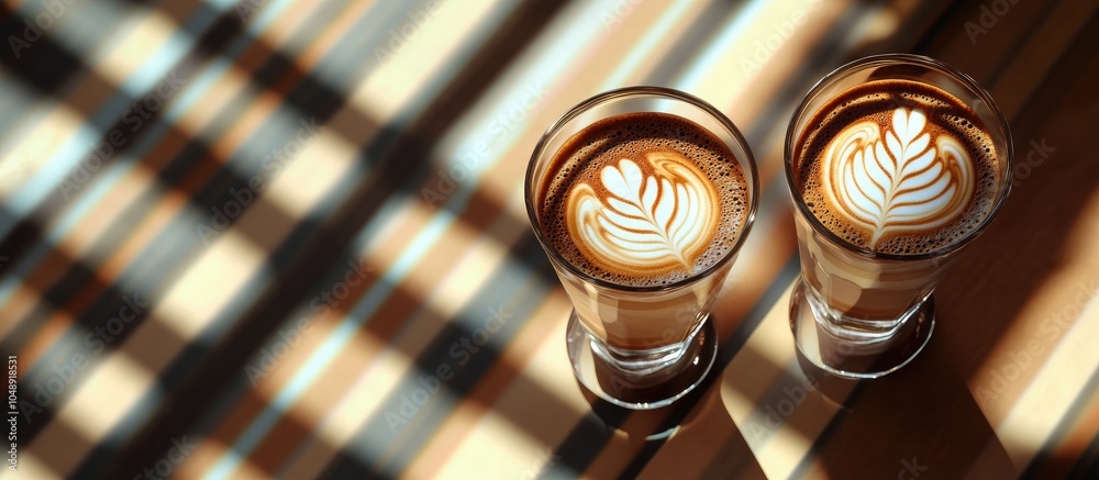 Aufkleber Coffee with a pattern on the foam in two glasses Set against a blurred backdrop of the table and striped tiles Photo captured from above. with copy space image. Place for adding text or design
