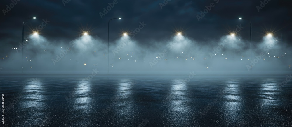 Aufkleber Empty street scene background featuring abstract spotlights Night view of streetlights reflected on water Rays penetrate the fog Smoke and fog create a wet asphalt surface with light reflections