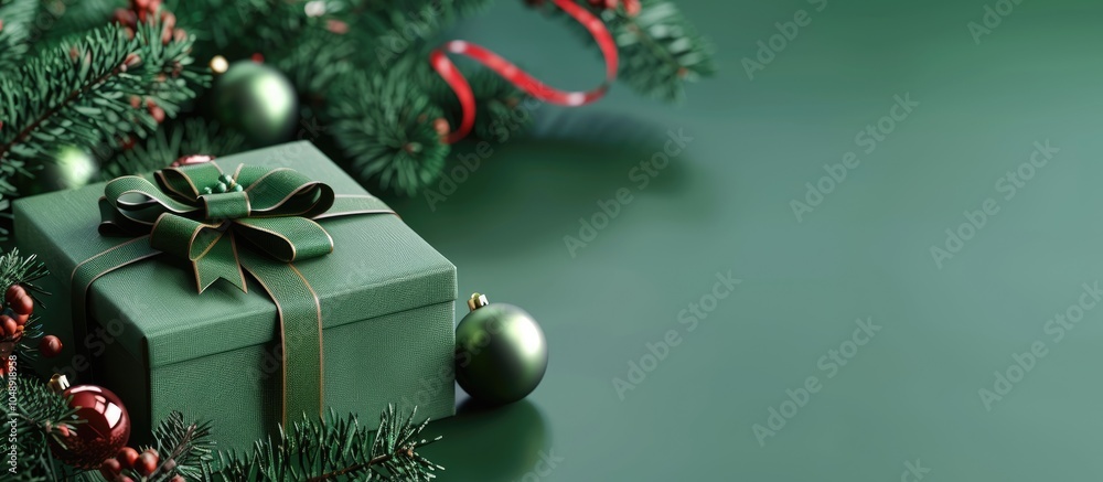 Poster gift boxes on a green table alongside fir branches a box with a ribbon bow presented in holiday wrap
