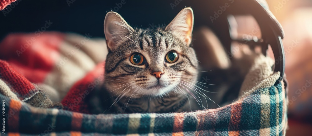 Aufkleber Adorable humorous cat in a carrier on a plaid surface. with copy space image. Place for adding text or design