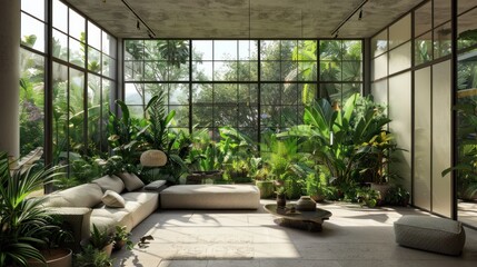Modern Living Room with Floor-to-Ceiling Windows and Lush Greenery