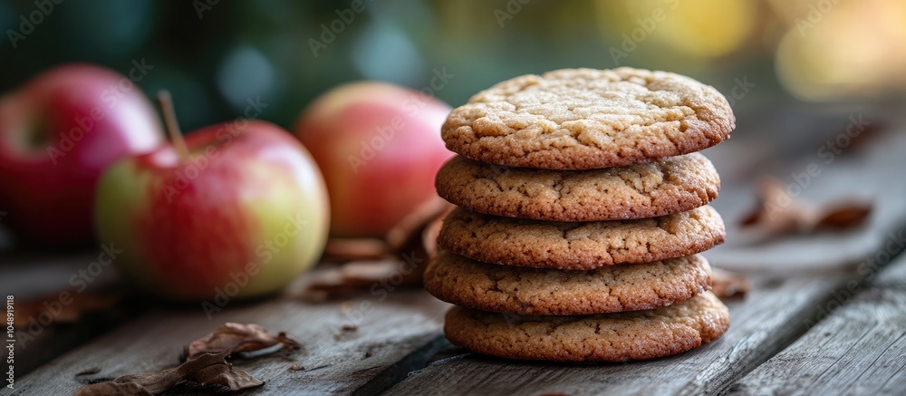 Aufkleber A stack of delicious homemade apple cookies is placed on a wooden table. with copy space image. Place for adding text or design