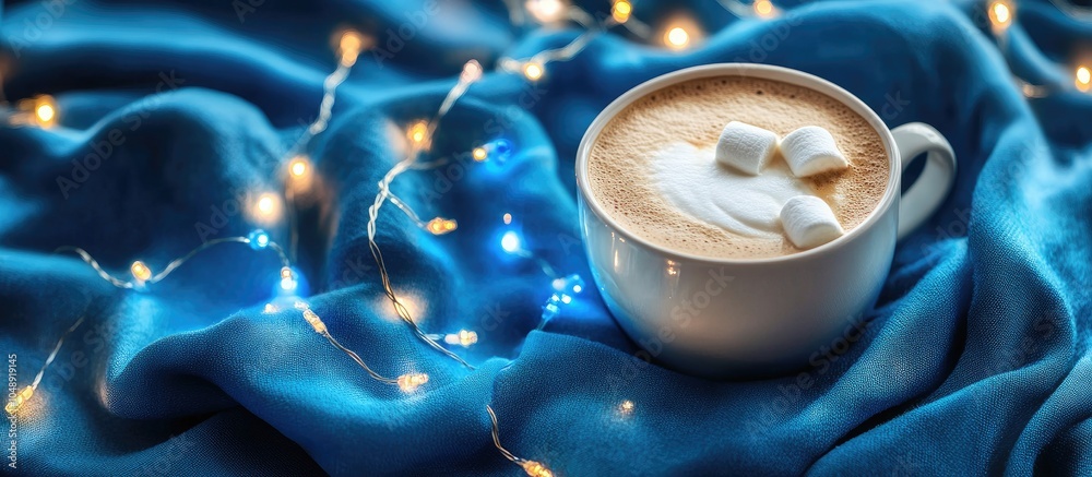 Aufkleber a cup of hot coffee with a marshmallow sits on a blue fabric background adorned with christmas blue 