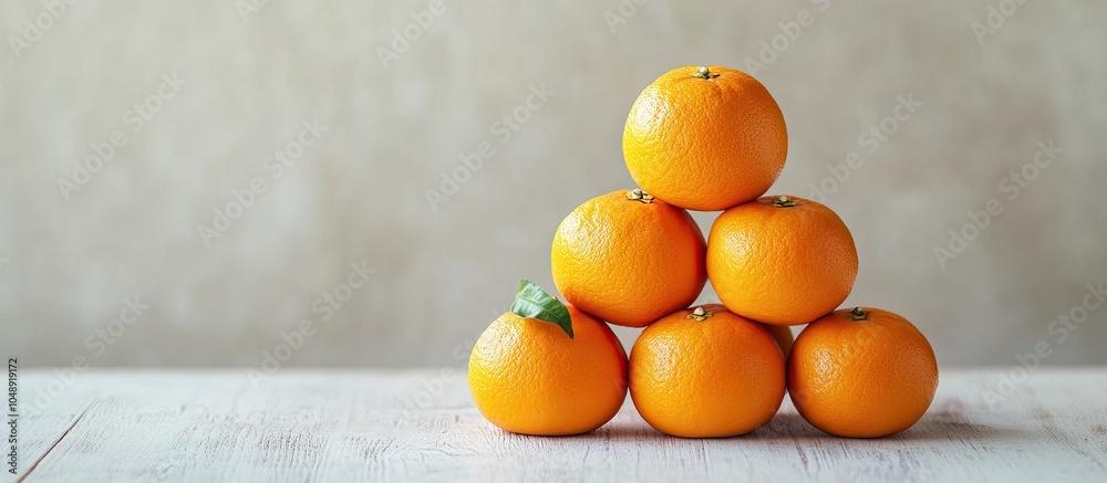 Fototapete pyramid arrangement of mandarin oranges on a vintage white wood table backdrop. with copy space imag