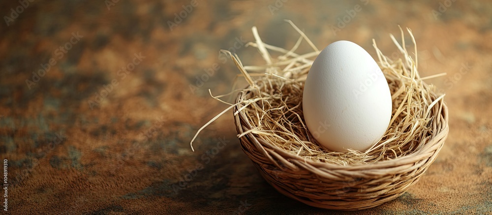 Aufkleber a white chicken egg sits in a wicker basket filled with straw on a cork background easter card flat 