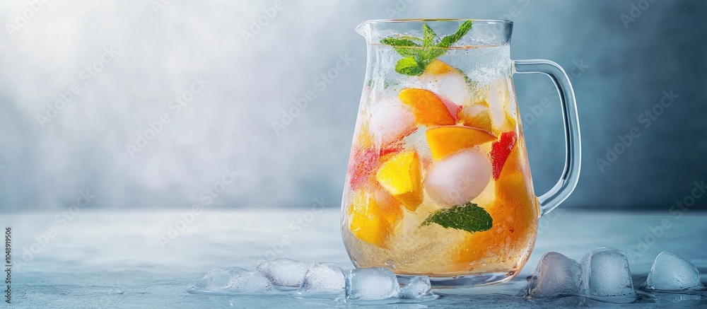 Leinwandbilder jug covered with water infused with pieces of peach and apricot with ice in close up a refreshing be