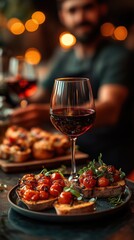 A delightful Italian breakfast featuring a glass of red wine alongside bruschetta topped with fresh tomatoes and herbs, set in an inviting, warm atmosphere