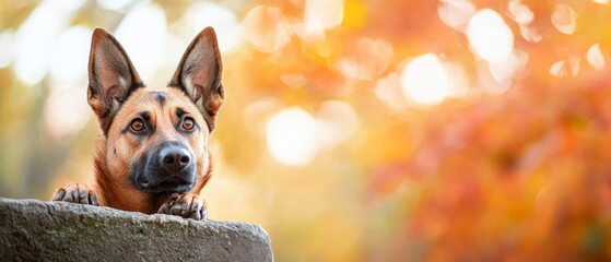 Obraz premium A tight shot of a dog gazing over a stone wall amidst autumn-hued trees in the background