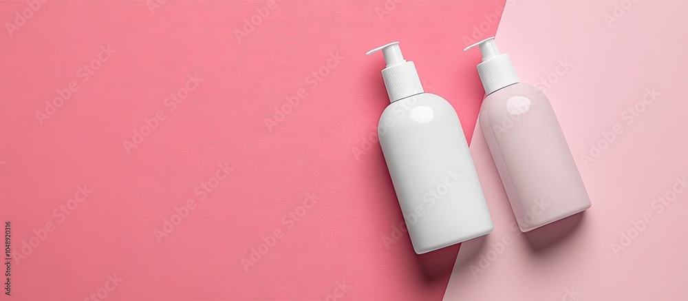 Poster beauty care cosmetics mock up featuring two bottles in white and pink on a paper background with cop