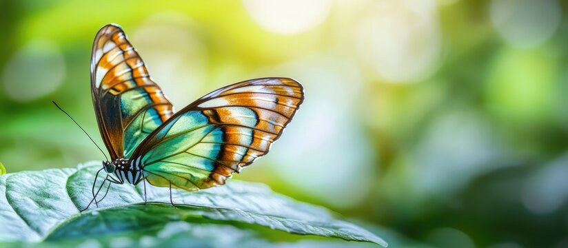 Close up of a Siproeta stelenes Malachite butterfly resting beneath a leaf. with copy space image. Place for adding text or design