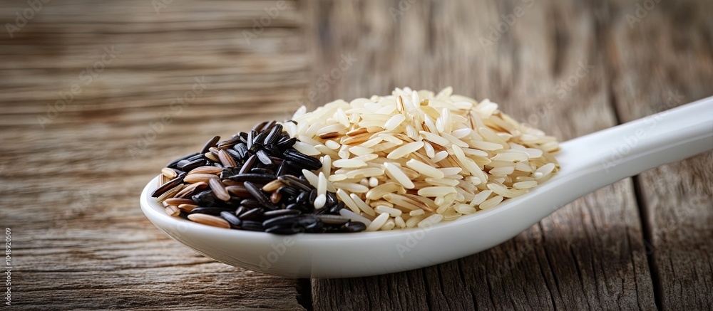 Aufkleber a blend of white brown wild and black rice in a white ceramic spoon set against a weathered wood bac