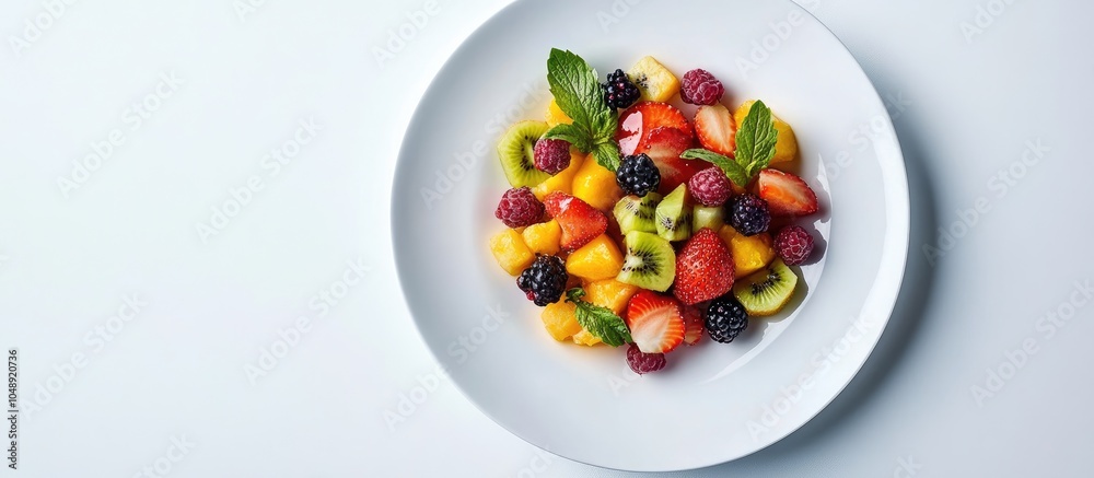 Aufkleber from above a vibrant dish featuring a tasty mix of fresh tropical fruits and berries on a white roun