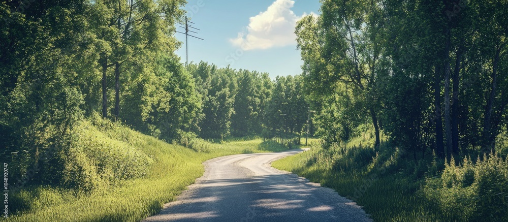 Fototapete Narrow country road alongside trees with an antenna visible in the background during summer. with copy space image. Place for adding text or design