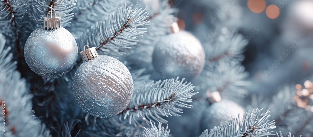 Poster Texture of plastic branches from the Christmas tree and silver toned decorations. with copy space image. Place for adding text or design