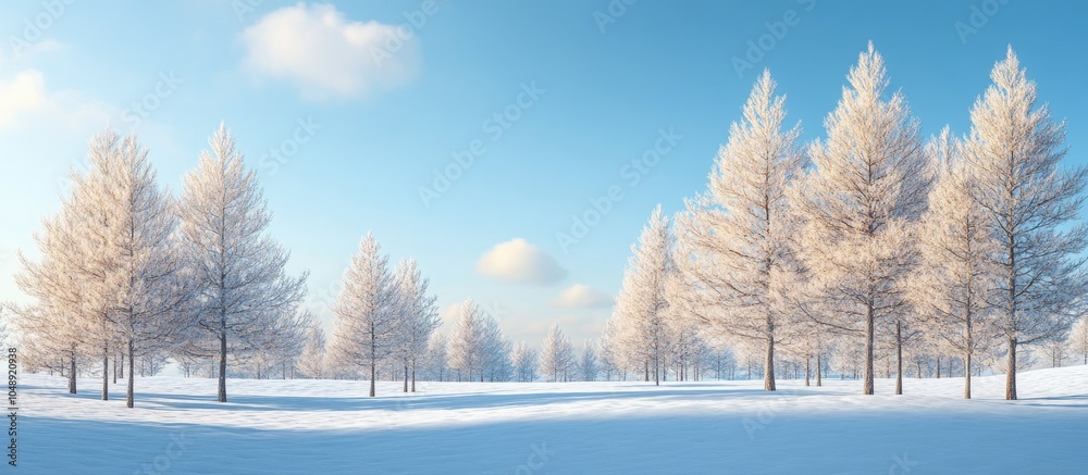Fototapete larch trees in a snowy field beneath a blue sky. with copy space image. place for adding text or des