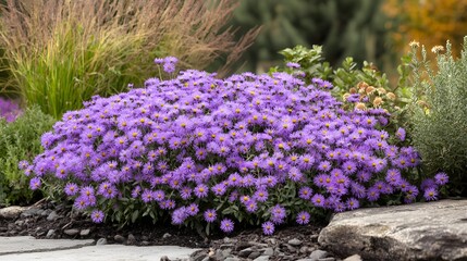 Obraz premium Purple flowers of asters in the garden. Selective focus