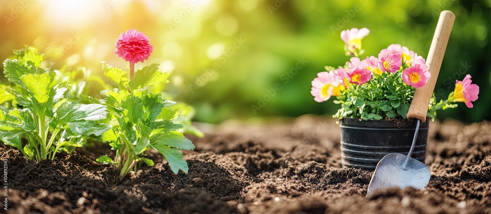 Poster Gardening involves planting vegetation in a garden Garden Selective focus on nature. with copy space image. Place for adding text or design