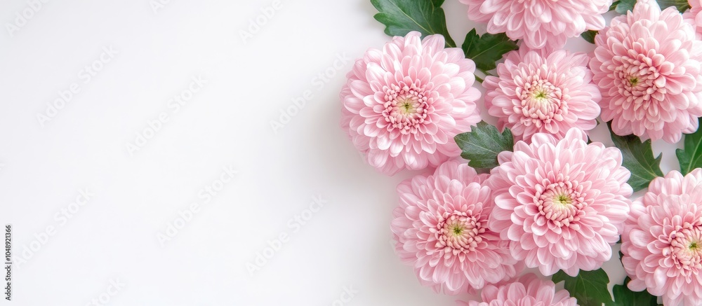 Poster Pastel colored cluster of pink chrysanthemum flowers in close up on a white background accompanied by green leaves. with copy space image. Place for adding text or design