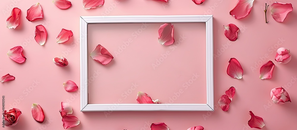Poster Creative flat lay concept from a top view of a white frame mockup and apple tree flower petals on a pastel pink background featuring copy space in a minimal style serving as a template for text