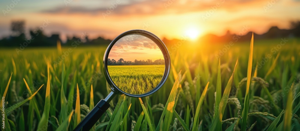 Aufkleber Magnifying glass over a green rice field with a sunset view in the background. with copy space image. Place for adding text or design