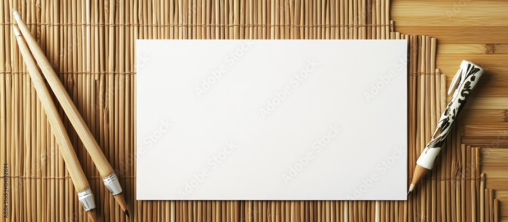Poster Notes on a white paper placed on a bamboo mat. with copy space image. Place for adding text or design