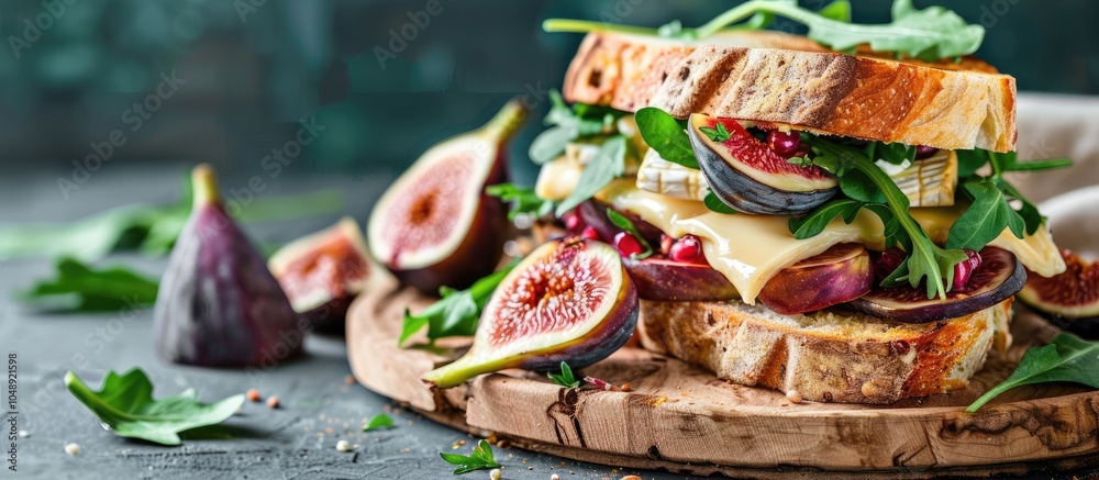Poster delicious sandwich featuring ripe fig and brie cheese on a wooden plate. with copy space image. plac