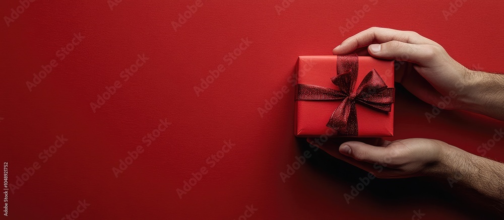 Poster red gift box on a red background a man s hand gripping a red gift box concept for christmas new year