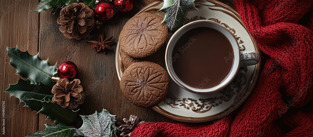 Poster cozy christmas arrangement featuring cacao and a homemade cookie. with copy space image. place for a