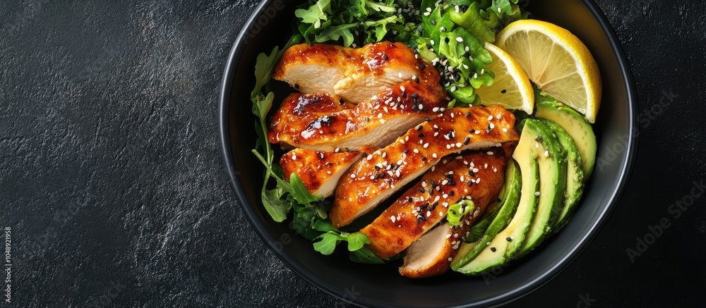 Fototapete Teriyaki chicken accompanied by avocado and lemon. with copy space image. Place for adding text or design