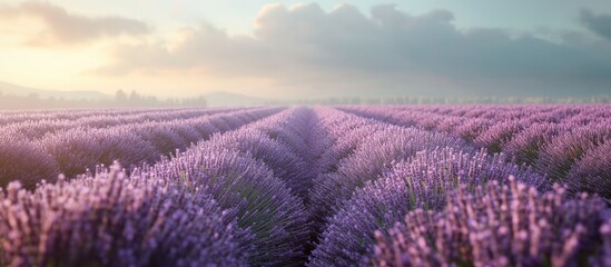 Obraz premium Field of lavender blooms harvesting. with copy space image. Place for adding text or design