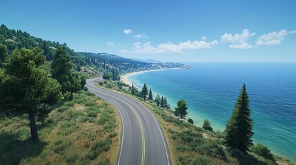 Obraz premium Coastal road with ocean and trees under blue sky