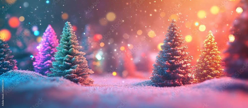 Fototapete Christmas trees creating a forest against a backdrop of colorful lights. with copy space image. Place for adding text or design