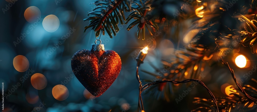 Aufkleber A heart shaped toy hangs from a Christmas tree adorned with glowing lights creating a dark silhouette. with copy space image. Place for adding text or design