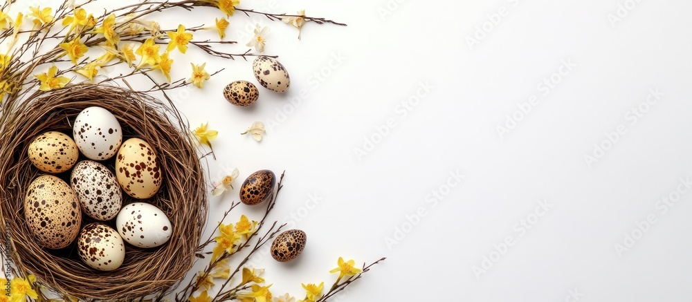 Aufkleber easter background featuring a border of willow branches and narcissus along with quail eggs in a nes