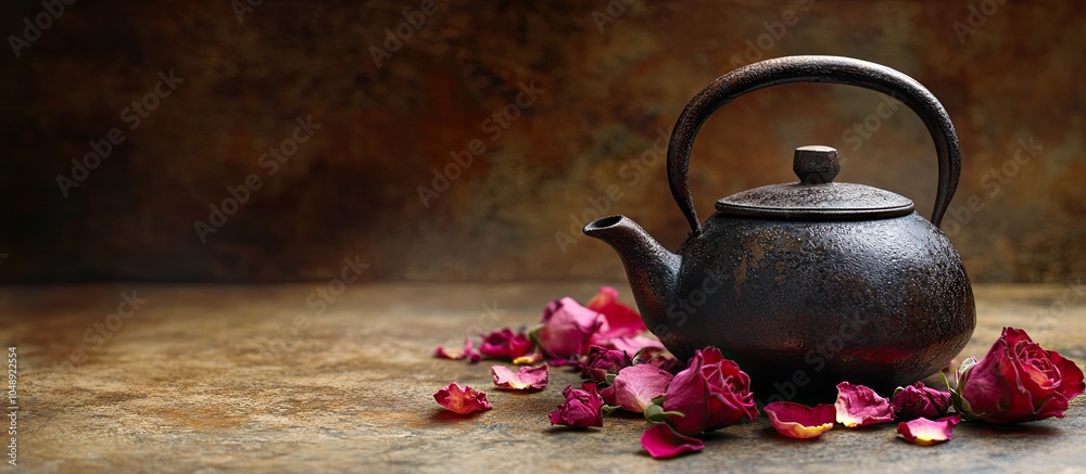 Aufkleber teapot containing a detox beverage made from dried red and pink rose flower buds tea. with copy spac