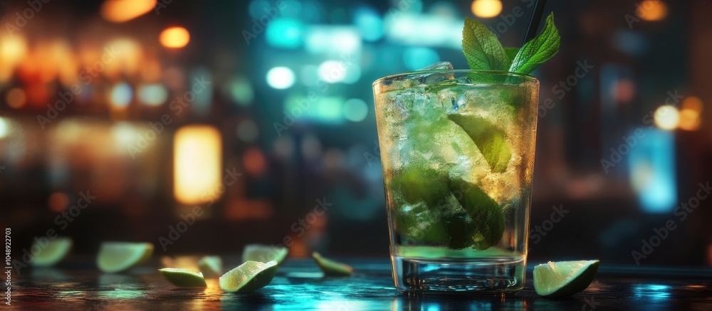 Poster Mojito cocktail with a blurred club background. with copy space image. Place for adding text or design