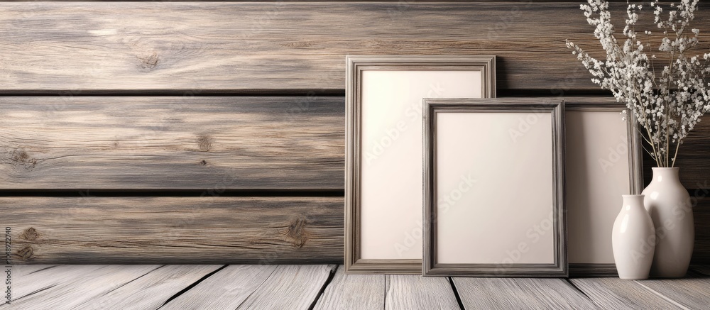 Fototapete Empty photo frames on a wooden background. with copy space image. Place for adding text or design
