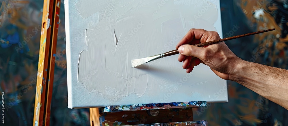 Aufkleber Artist s hand using a brush to paint on a blank canvas on a wooden easel. with copy space image. Place for adding text or design