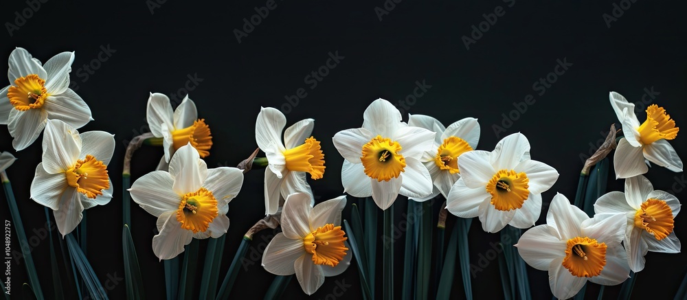 Poster White and yellow daffodils set against a dark black background. with copy space image. Place for adding text or design
