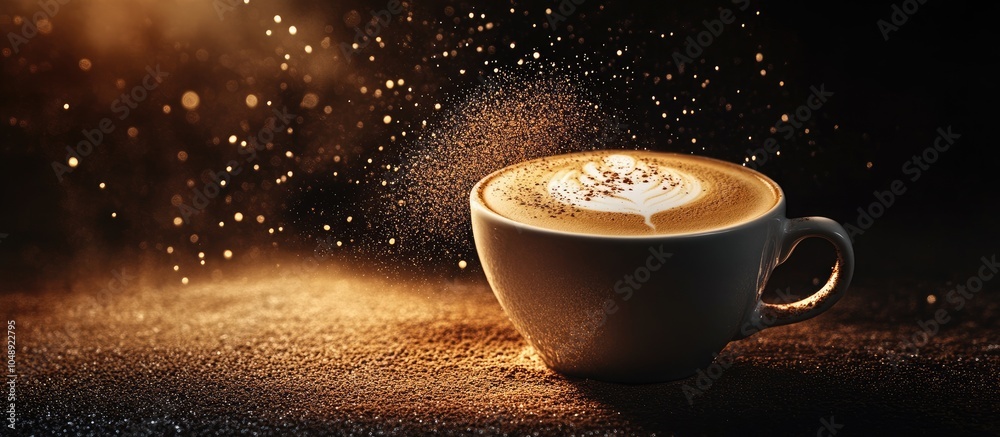 Poster the hot cappuccino cup adorned with milk foam and dusted with coffee powder creates a delightful exp