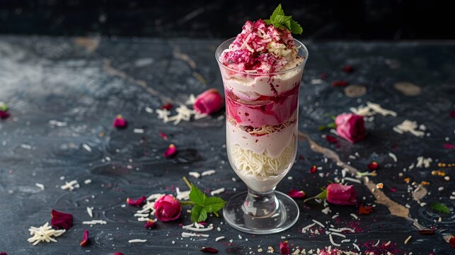 Kulfi Falooda with Rose Syrup and Fresh Mint Garnish in a Glass, Traditional Indian Dessert