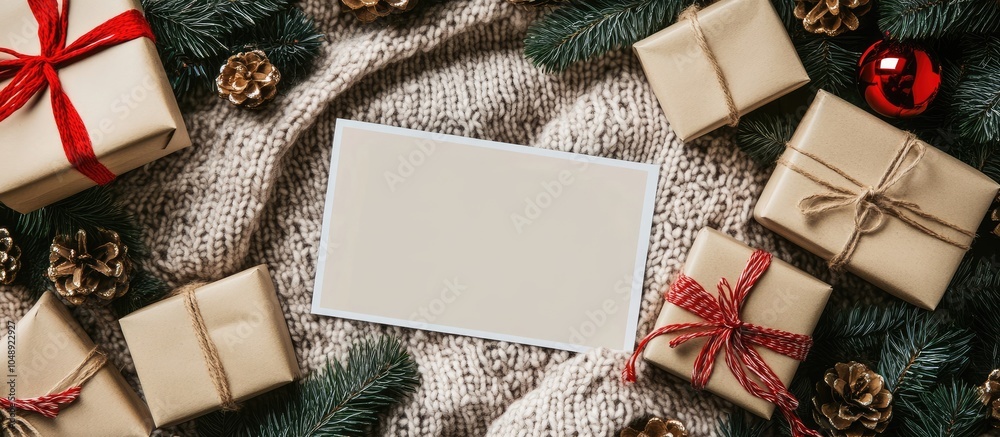 Poster christmas backdrop featuring decorations and gift boxes on a knitted blanket xmas gifts alongside a 