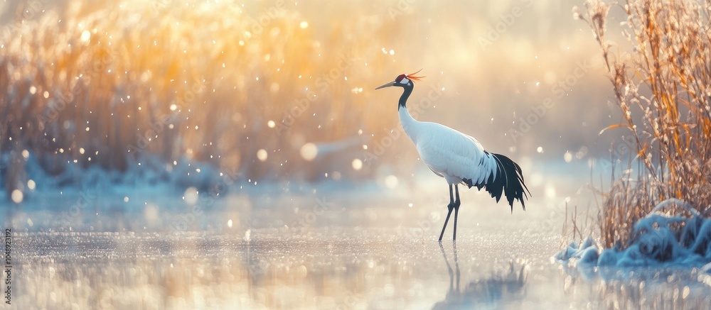 Poster Birdwatching for red crowned cranes during winter. with copy space image. Place for adding text or design