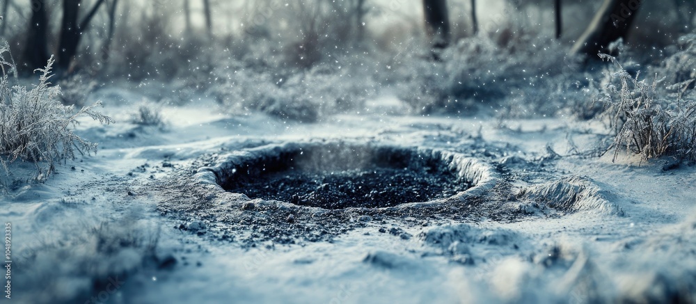 Poster Square frame scenic winter landscape featuring a close up of a circular pit with ashes in a park. with copy space image. Place for adding text or design