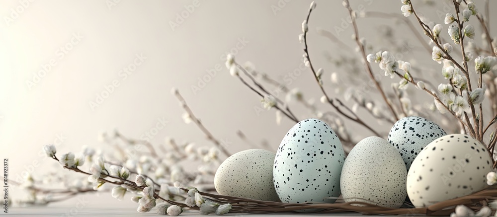Leinwandbilder easter greeting card featuring easter eggs flowers and willow twigs. with copy space image. place fo