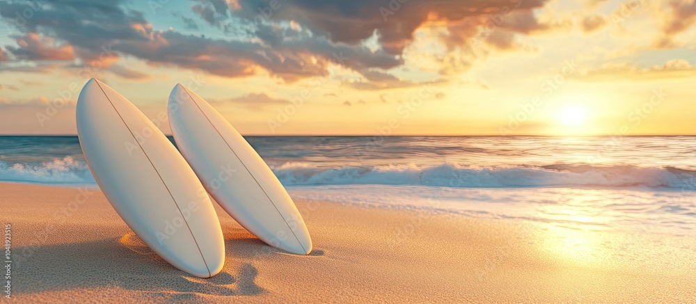 Poster summer backdrop two surfboards on the sandy beach at sunset or sunrise. with copy space image. place